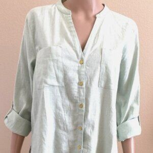 ANNE KLEIN Green Linen Tab Sleeve Tunic Top Size Medium - Excellent